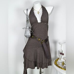 🤎 Hello Gorgeous!  Studded Halter Neck Ruffle Hem Mini Dress - Brown